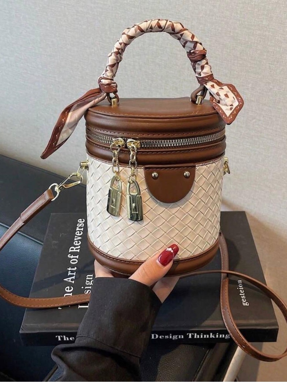 Brown & Cream Woven Cylinder Crossbody with Top Handle